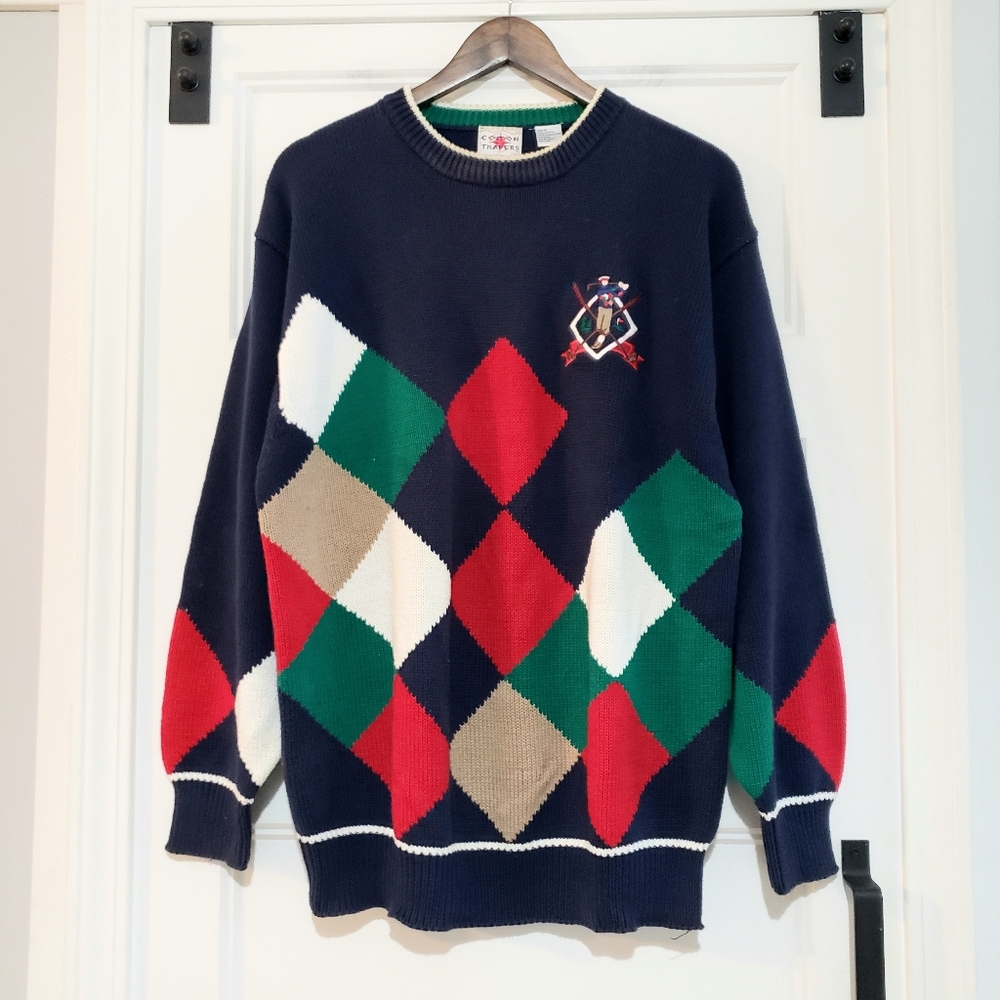 Vintage Cotton Traders Mens M Golf Argyle Crewneck Sweater Knit Navy Pullover